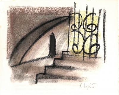 Georges LAPORTE  - L'ombre et la grille, 1974 - Dessin original au pastel signé 2