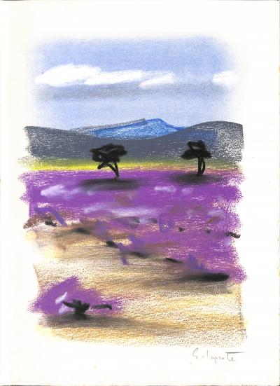 Georges LAPORTE  - Dans un champ de lavande, 1974 - Dessin original au pastel signé 2