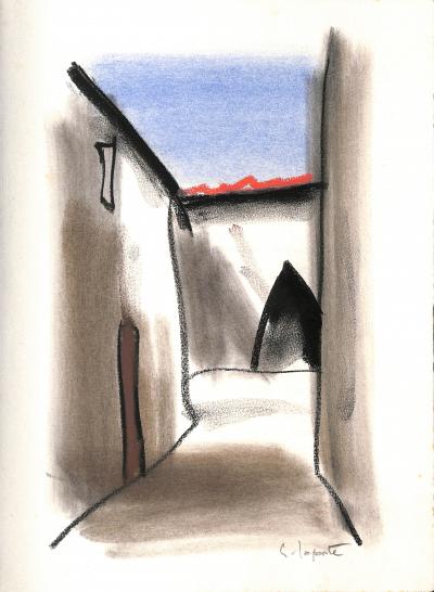 Georges LAPORTE  - Dans les rues des Bastides, 1974 - Dessin original au pastel signé 2
