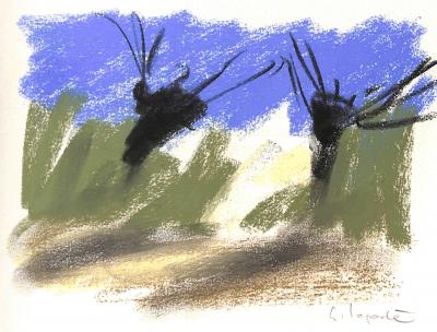 Georges LAPORTE  - Oliviers sauvages, 1974 - Dessin original au pastel signé 2