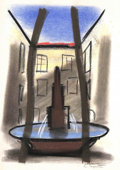 Georges LAPORTE  - Place de la fontaine, 1974 - Dessin original au pastel signé 2