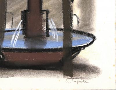 Georges LAPORTE  - Place de la fontaine, 1974 - Dessin original au pastel signé 2