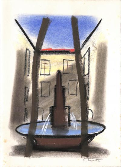 Georges LAPORTE  - Place de la fontaine, 1974 - Dessin original au pastel signé 2