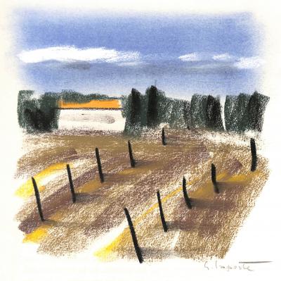 Georges LAPORTE  - Champs bordés de cyprès, 1974 - Dessin original au pastel signé 2