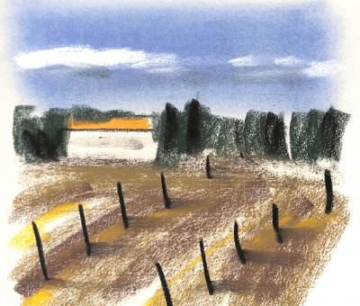 Georges LAPORTE  - Champs bordés de cyprès, 1974 - Dessin original au pastel signé 2