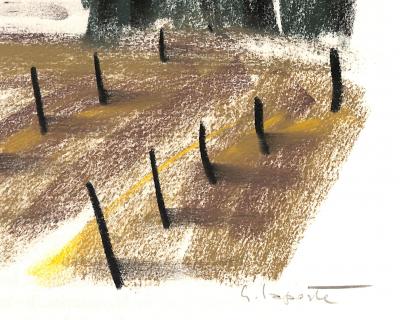 Georges LAPORTE  - Champs bordés de cyprès, 1974 - Dessin original au pastel signé 2