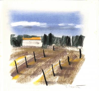Georges LAPORTE  - Champs bordés de cyprès, 1974 - Dessin original au pastel signé 2