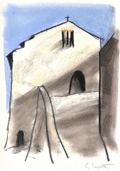 Georges LAPORTE  - La petite église, 1974 - Dessin original au pastel signé 2