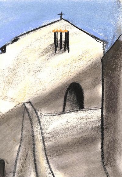 Georges LAPORTE  - La petite église, 1974 - Dessin original au pastel signé 2