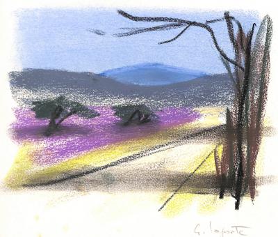 Georges LAPORTE  - Sur le route de la lavande, 1974 - Dessin original au pastel signé 2