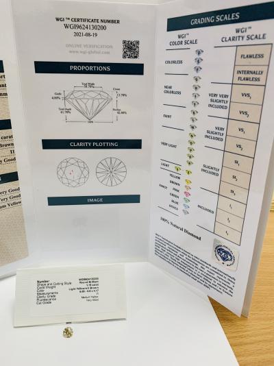 Diamant naturel taillé en brillant de 1,19 ct, brun jaune clair, pureté i1, très bonne taille, pas de traitement, certification go 2
