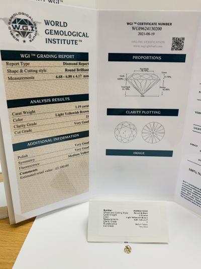 Diamant naturel taillé en brillant de 1,19 ct, brun jaune clair, pureté i1, très bonne taille, pas de traitement, certification go 2