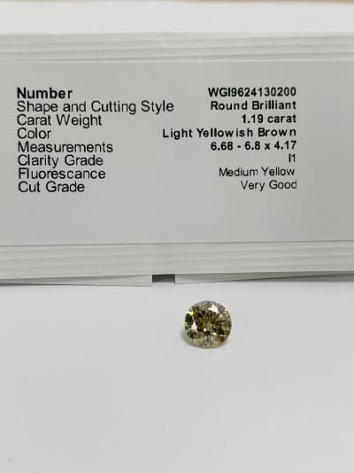 Diamant naturel taillé en brillant de 1,19 ct, brun jaune clair, pureté i1, très bonne taille, pas de traitement, certification go 2