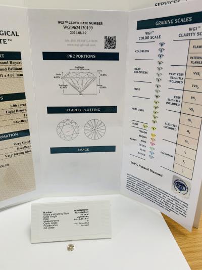 Diamant naturel taillé en brillant de 1,06 ct, brun clair, pureté i1, certification naturelle sans traitement 2