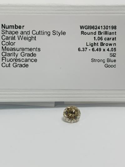 Diamant naturel taillé en brillant de 1,06 ct, brun clair, pureté si2, certification naturelle sans traitement 2