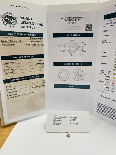 Diamant naturel de 1,05 ct taillé en brillant, brun clair, pureté si2, certification naturelle sans traitement 2