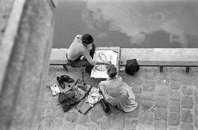Maurice Bonnel - Artiste et son admiratrice, quai Saint-Michel 1954 - Tirage argentique 2