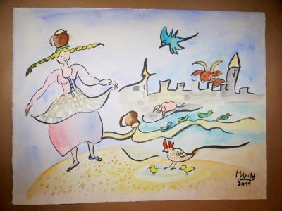 Marie-Annette Voillat - La laitière et le pot au lait, 2011 - Aquarelle 2