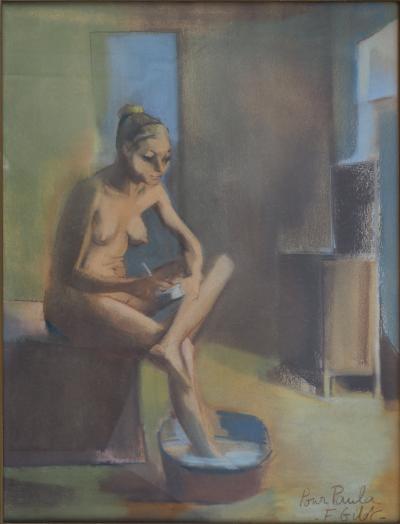 Françoise GILOT - Scène de hammam, Nu à la toilette, 1956 - Dessin original aux pastels, Signé 2