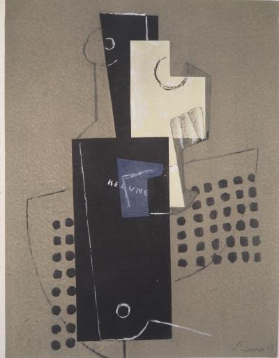 Henri LAURENS - Bouteille et guitare cubistes, 1956 - Pochoir signé 2