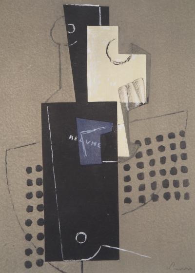 Henri LAURENS - Bouteille et guitare cubistes, 1956 - Pochoir signé 2