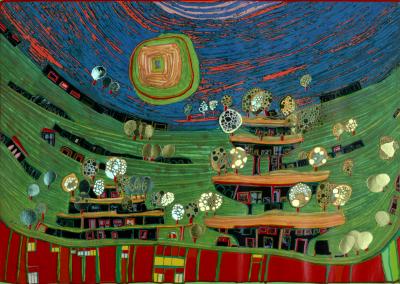 Friedensreich HUNDERTWASSER - Die Häuser hängen unter den wiesen, Plate 9, 1970-72 - Original screenprint in colors 2