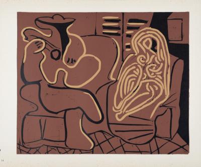 Pablo PICASSO (d'après) - Femme dans un fauteuil et guitariste, 1962 - Linogravure 2