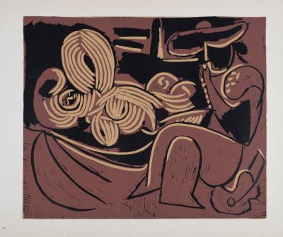 Pablo PICASSO (after) - Femme couchée et homme à la guitare, 1962 - Linocut print 2