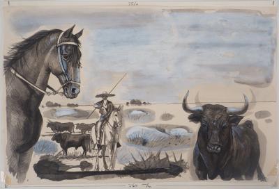 Pierre-Yves TREMOIS - Manade en Camargue, 1959 - Aquarelle originale 2