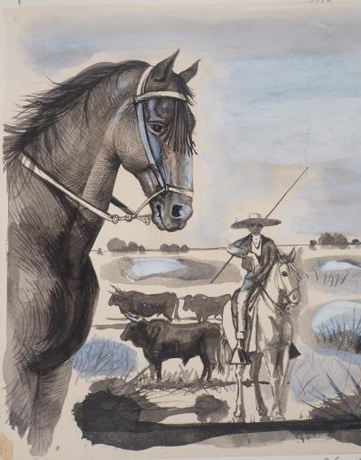 Pierre-Yves TREMOIS - Manade en Camargue, 1959 - Aquarelle originale 2
