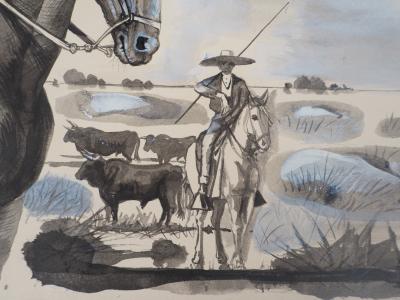 Pierre-Yves TREMOIS - Manade en Camargue, 1959 - Aquarelle originale 2