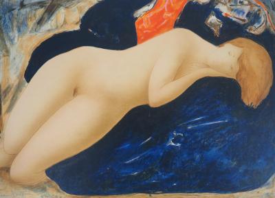 Alain BONNEFOIT : Modèle sur un canapé bleu - Lithographie originale signée 2
