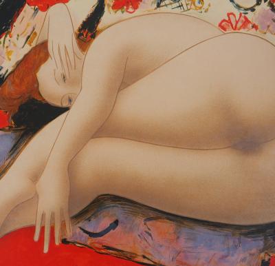 Alain BONNEFOIT : Modèle au fond à fleurs - Lithographie originale signée 2