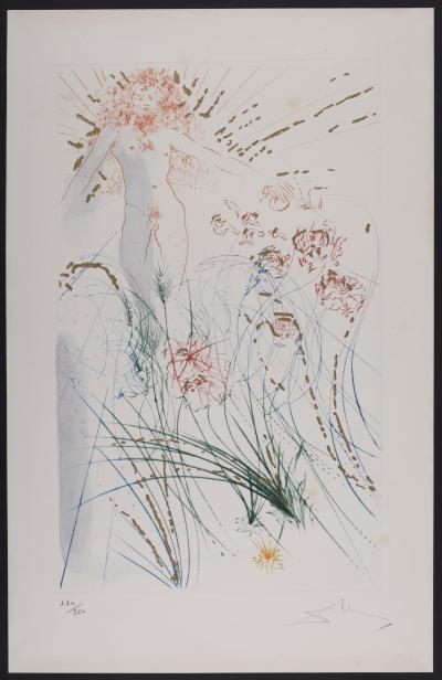 Salvador DALI - Le bien-aimé se nourrit parmi les lys, 1971 - Gravure originale (pointe sèche et aquatinte) sur papier Vélin, rehaussée à l’encre d’or 2