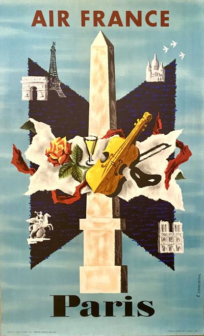 Affiche vintage originale Air France - Paris - par E. Lancaster, 1956, Lithographie 2