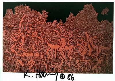 KEITH HARING (1958-1990) - UNTITLED - CARTE POSTALE SIGNEE ET DATEE A LA MAIN, CIRCA 1980, LITHOGRAPHIE OFFSET