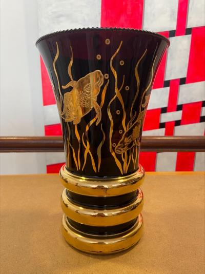 Vase Art Deco en verre - Décor de poissons dorés 2