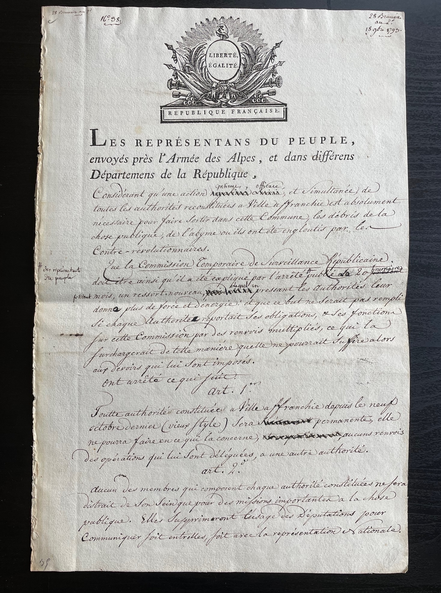 1794 Paris lettre sur mission importante Commission des Subsistances