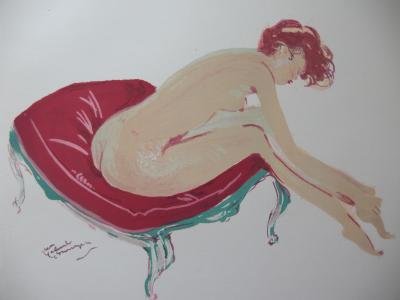 Jean-Gabriel DOMERGUE - Femme sur un canapé rouge, Lithographie originale, signée 2