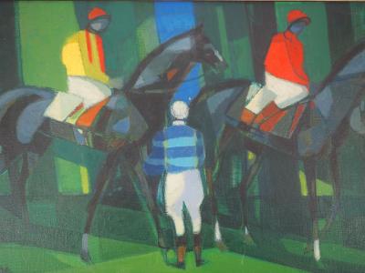 Camille Hilaire - Chevaux et Jockeys, le Pesage - Huile sur toile signée 2