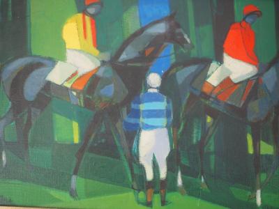 Camille Hilaire - Chevaux et Jockeys, le Pesage - Huile sur toile signée 2