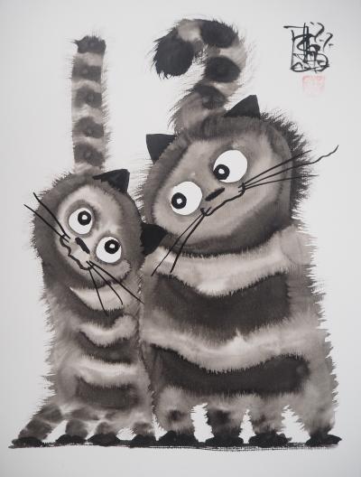 Laszlo TIBAY - Tendres chatons -Dessin original, signé 2