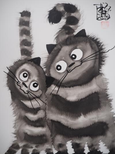 Laszlo TIBAY - Tendres chatons -Dessin original, signé 2