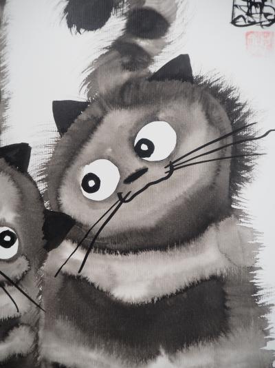Laszlo TIBAY - Tendres chatons -Dessin original, signé 2