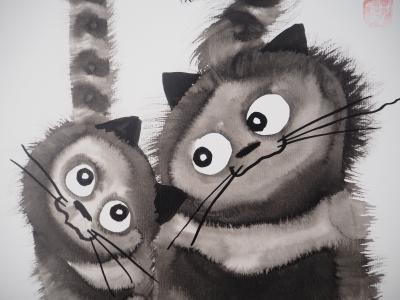 Laszlo TIBAY - Tendres chatons -Dessin original, signé 2