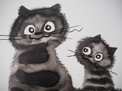 Laszlo TIBAY - Chatons malicieux - Dessin original, signé 2