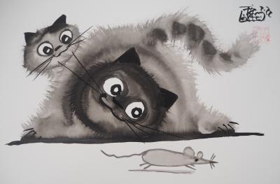 Laszlo TIBAY - Deux chats et une souris - Dessin original, signé 2