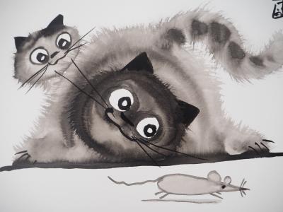 Laszlo TIBAY - Deux chats et une souris - Dessin original, signé 2