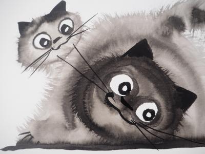 Laszlo TIBAY - Deux chats et une souris - Dessin original, signé 2
