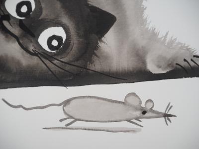 Laszlo TIBAY - Deux chats et une souris - Dessin original, signé 2